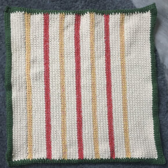 Hand Crocheted Square Cream Yellow Red Green Striped Mat Rug - Picture 6 of 16